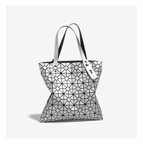Geometric lattice iridescent tote bag, stylish silver shoulder bag, large capacity daily purse.