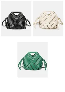 Stylish woven leather handbag with architectural triangle handle and magnetic clasp in three colors.