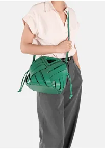 Green woven leather crossbody bag with stylish triangle handle and bucket design for women.