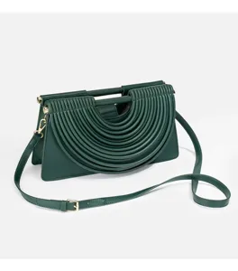 Dark green retro pleated handbag, French style chic PU leather crossbody shoulder bag for women.