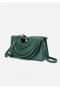 Dark green pleated noodle shoulder bag detailed view, elegant unique cross-body handbag.