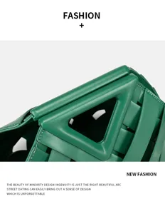 Green woven leather handbag detail showing geometric triangle handle fashion womens bag