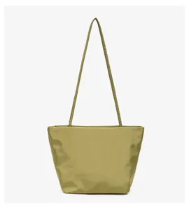 Minimalist olive green nylon hobo shoulder bag, casual everyday tote bag with slim strap.