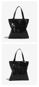 Black geometric lattice tote bag stylish shiny shoulder bag large capacity casual handbag