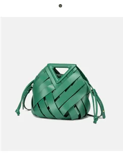 Green woven leather handbag with distinctive triangle handle and magnetic clasp, large capacity.