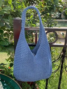 Borsa a spalla in crochet blu borsa tote in maglia traforata borsa casual da vacanza donna
