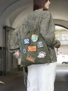 Women Casual Military Green Drawstring Backpack Large Capacity Travel School Bookbag Vintage Embroidery Fashion Daypack