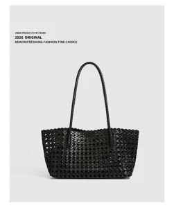 Black woven leather shoulder bag minimalist chic retro design daily casual tote bag.