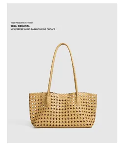 Woven leather tote bag for women, stylish casual shoulder bag with classic lattice design.