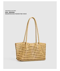 Stylish women woven shoulder bag retro PU leather casual tote bag minimalist handbag daily use