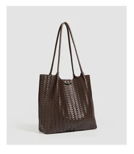 Dark brown woven leather tote bag, large capacity stylish commute shoulder bag details.