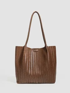 Woven Texture Large Capacity Tote Bag Fashion Minimalist Casual PU Leather Handbag Commuting Shoulder Bag For Women