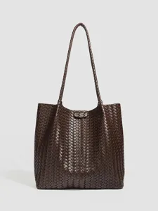 Dark brown woven leather tote bag, large capacity stylish shoulder bag for daily commute.