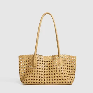Women's Woven Shoulder Tote Bag PU Leather Laser Cut Lattice Casual Handbag Chic Beige