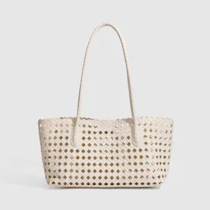 Elegant beige woven leather shoulder bag featuring a stylish diamond cutout design for daily use.