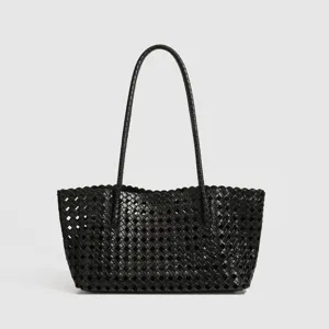 Black woven leather tote bag, minimalist vintage shoulder bag for women casual outing.