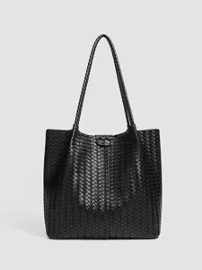Black Woven Leather Tote Bag Large Capacity Casual Shoulder Handbag for Women Daily Commuting