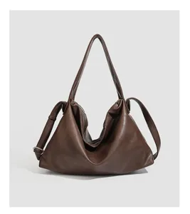 Women brown slouchy shoulder bag soft leather minimalist cross body tote handbag daily use