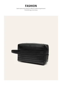 Black portable toiletry bag with horizontal grooves and side handle for travel cosmetics storage.