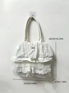 Korean solid color ruffled canvas tote bag, large capacity stylish pleated shoulder bag.