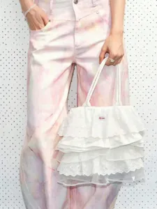 Korean style solid color ruffled canvas tote bag large capacity casual shoulder cloud bag