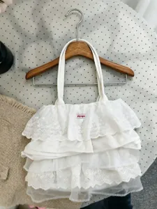 Korean style white pleated ruffled tote bag, large capacity casual shoulder cloud bag.