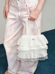 Korean style white ruffled canvas tote bag, casual multi-layer lace shoulder handbag