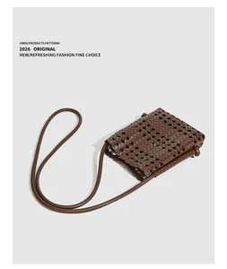 Brown woven leather crossbody phone bag, casual minimalist small shoulder bag for daily use.