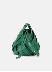 Green woven leather handbag for women stylish knotted crossbody bag with shoulder strap.