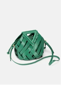 Detailed close-up view of green woven leather handbag featuring unique triangle handle.