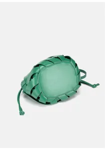 Green woven leather bucket shoulder bag with drawstring closure and stylish design for women daily use