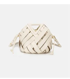 White woven leather crossbody bag with triangle handle and magnetic buckle large tote