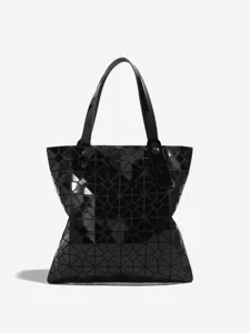 Stylish black geometric lattice tote bag for women, minimalist large capacity shoulder bag.