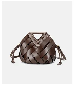 Brown woven leather handbag with rigid triangle handle stylish shoulder bag for women