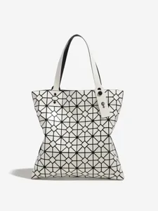 Geometric lattice white shoulder bag, large capacity fashion minimalist tote for daily use.