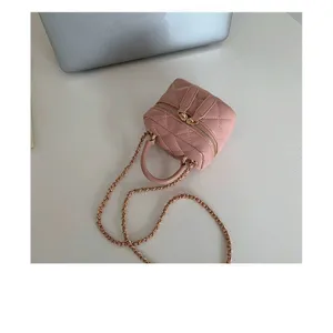 Chic pink quilted vanity shoulder bag with elegant chain strap and top handle design.