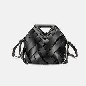 Woven Leather Top Handle Crossbody Bag For Women Large Capacity Fashion Bucket Bag Triangle Handle Handbag