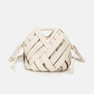 Woven leather top handle crossbody bag for women, chic triangle design handbag white