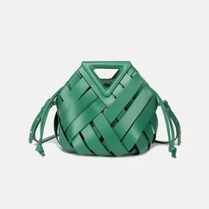Green woven leather handbag with rigid triangle handle stylish shoulder crossbody tote bag.