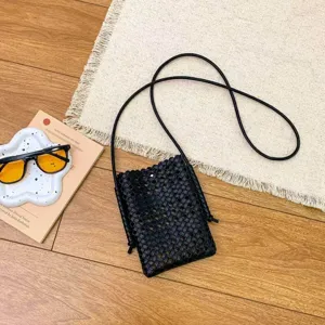 Black woven leather mini crossbody phone bag, casual soft leather minimalist stylish style.
