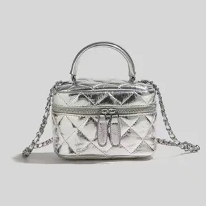 Silver quilted chain crossbody bag, stylish mini vanity shoulder bag for women daily wear.