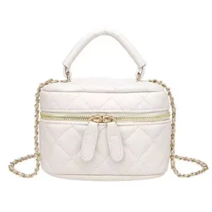 Chic white quilted mini vanity bag with gold chain strap and top handle for women stylish daily wear