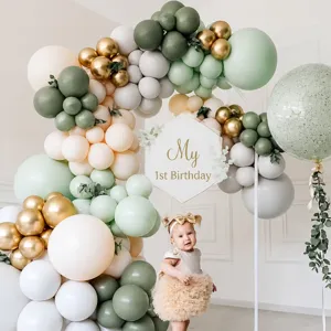 Sage green and white balloon arch kit for birthday party and wedding decoration details.