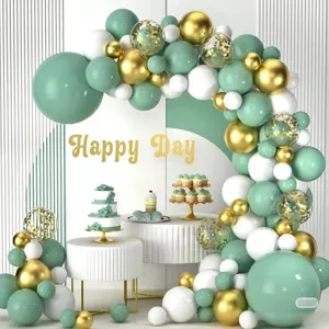Sage green balloon arch kit with metallic gold and white balloons for birthday party decor.