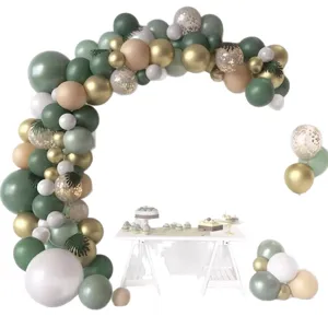 Sage green balloon arch kit with gold and white latex balloons for birthday party and wedding decor.