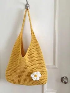 Sac cabas en crochet tricoté jaune pour femmes, joli sac porté épaule décontracté à fleurs