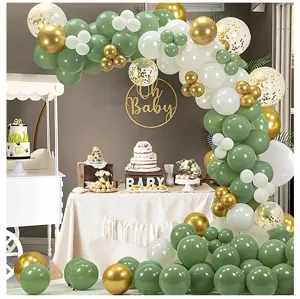 Detail view of the elegant olive green, white and gold balloon arch set for party decor.