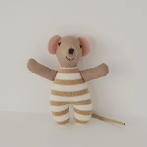 Closeup detail of the cute miniature fabric mouse doll in beige and white striped romper.