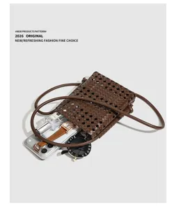 Summer new fashion soft leather woven mini cross body phone bag casual minimalist chic
