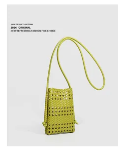 Chic woven leather phone crossbody bag, soft green minimalist mini shoulder bag for women.